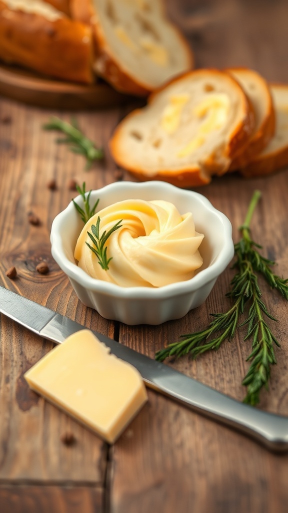 Freshly made homemade butter in a dish with herbs and a butter knife on a rustic wooden table.